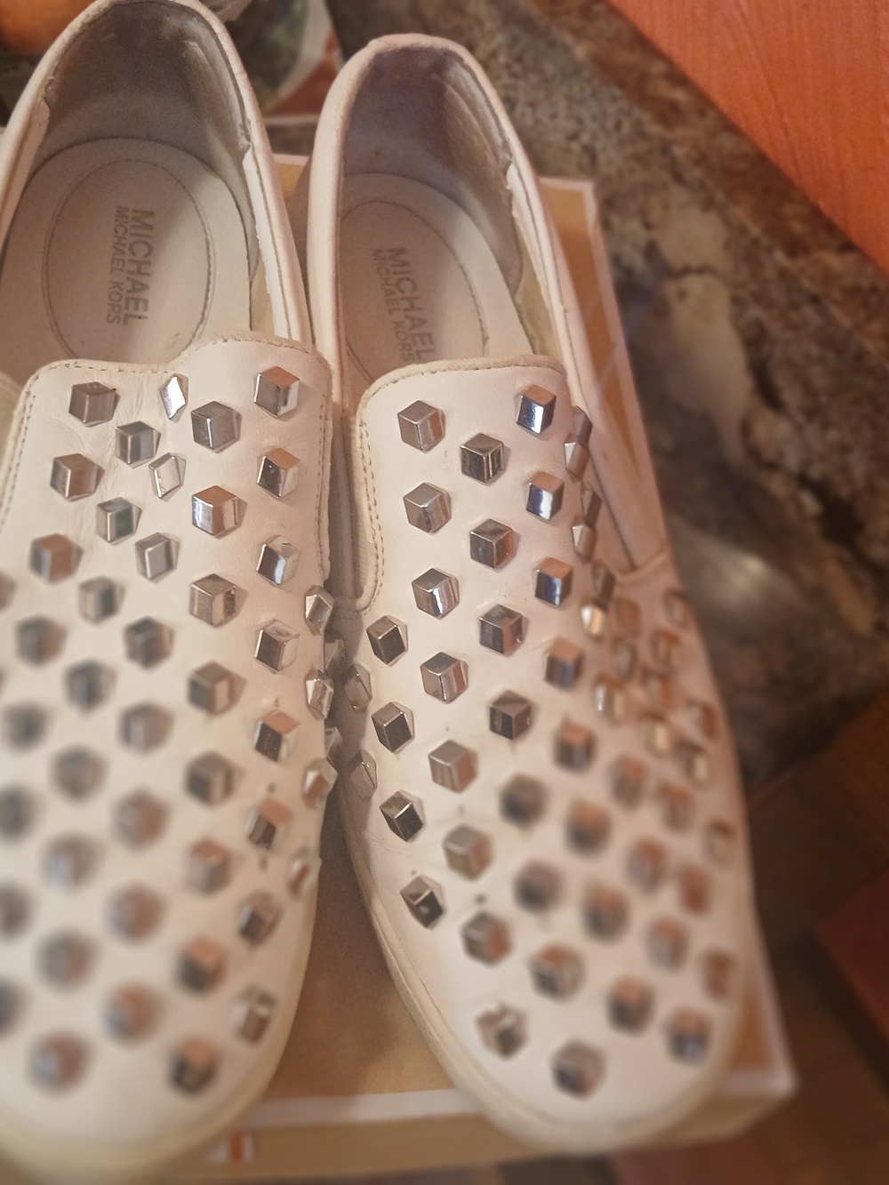 MICHAEL Michael Kors White Studded Slip-On Sneakers A Flaw. Peelin Inside Heel